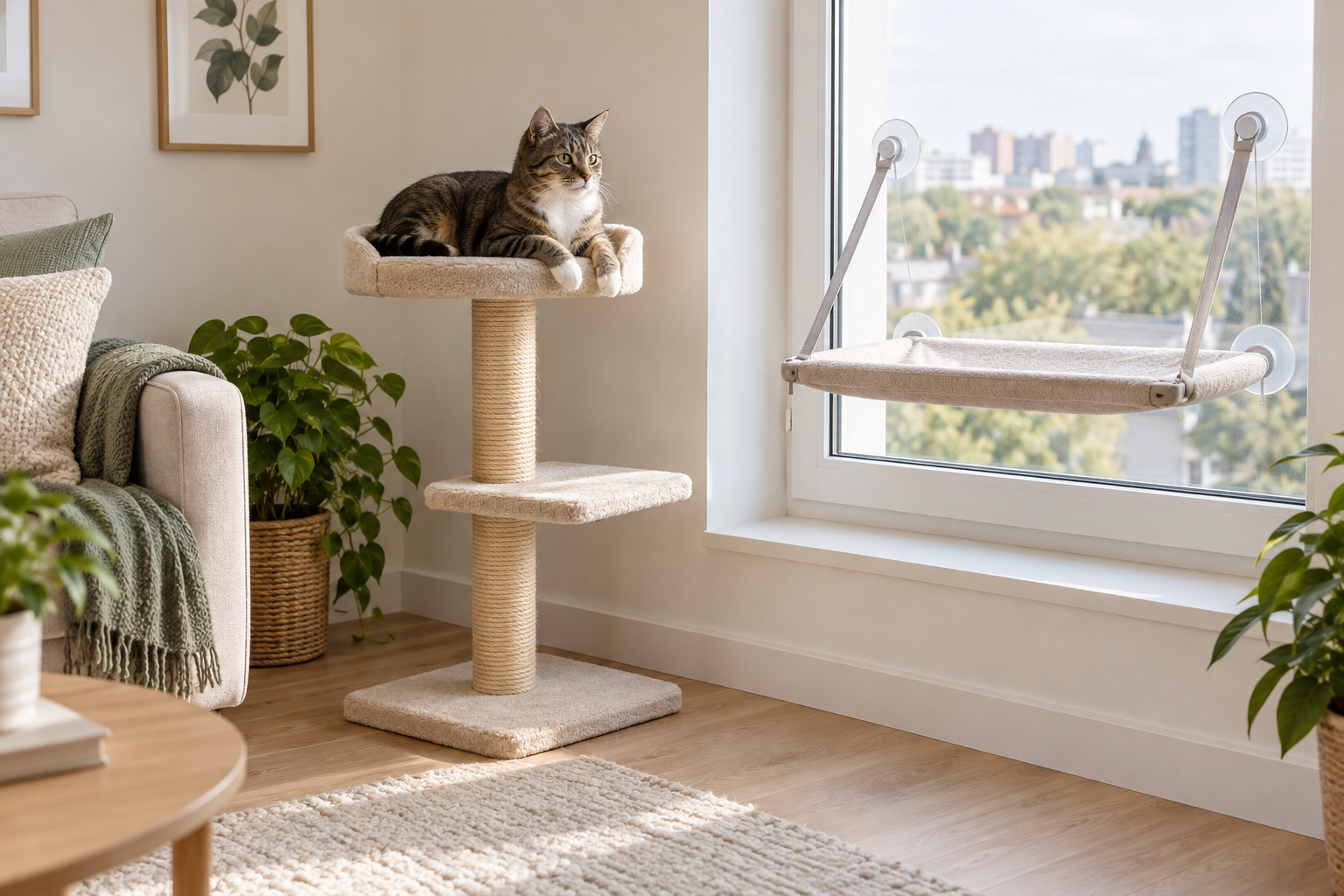 Compact beige cat tree with a broad floor base beside a fabric perch mounted to a closed apartment window