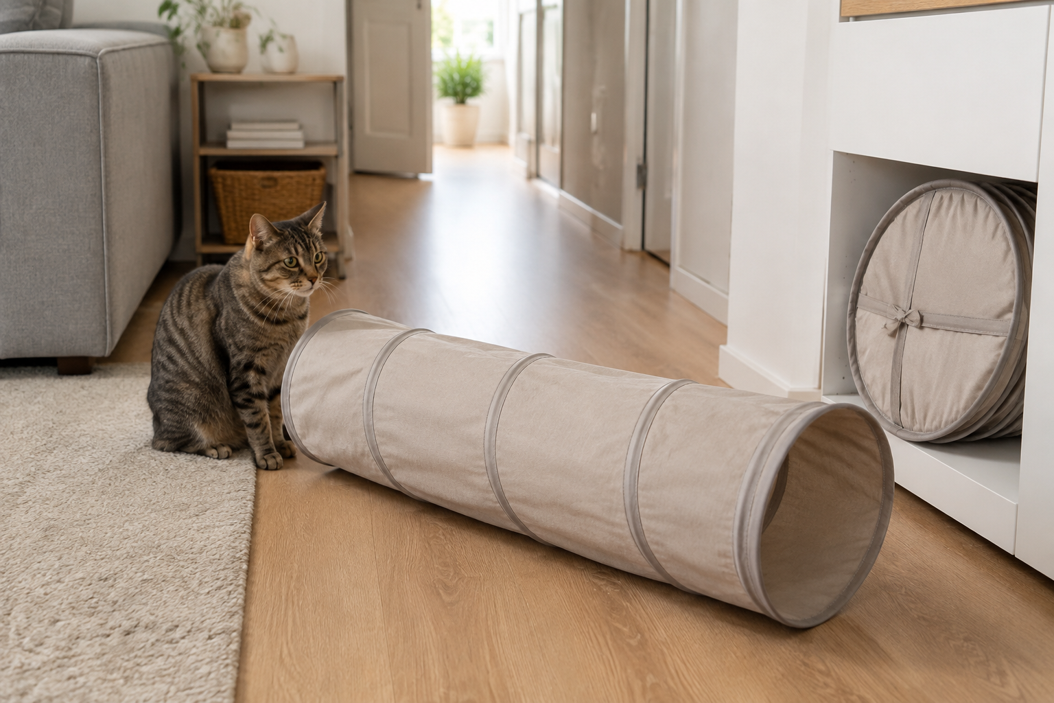 A neutral foldable fabric cat tunnel fully open beside a curious cat, with its compact folded form stored on a nearby shelf in a small apartment