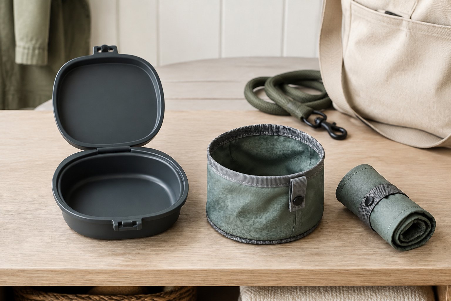 An open black clamshell dog travel bowl beside a green roll-up fabric travel bowl shown both open and rolled for packing