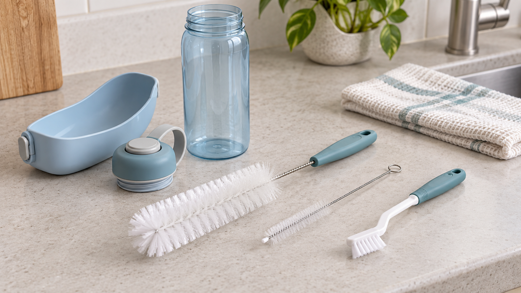 A long bottle brush, narrow flexible tube brush, and angled detail brush beside a clean disassembled pet travel water bottle.