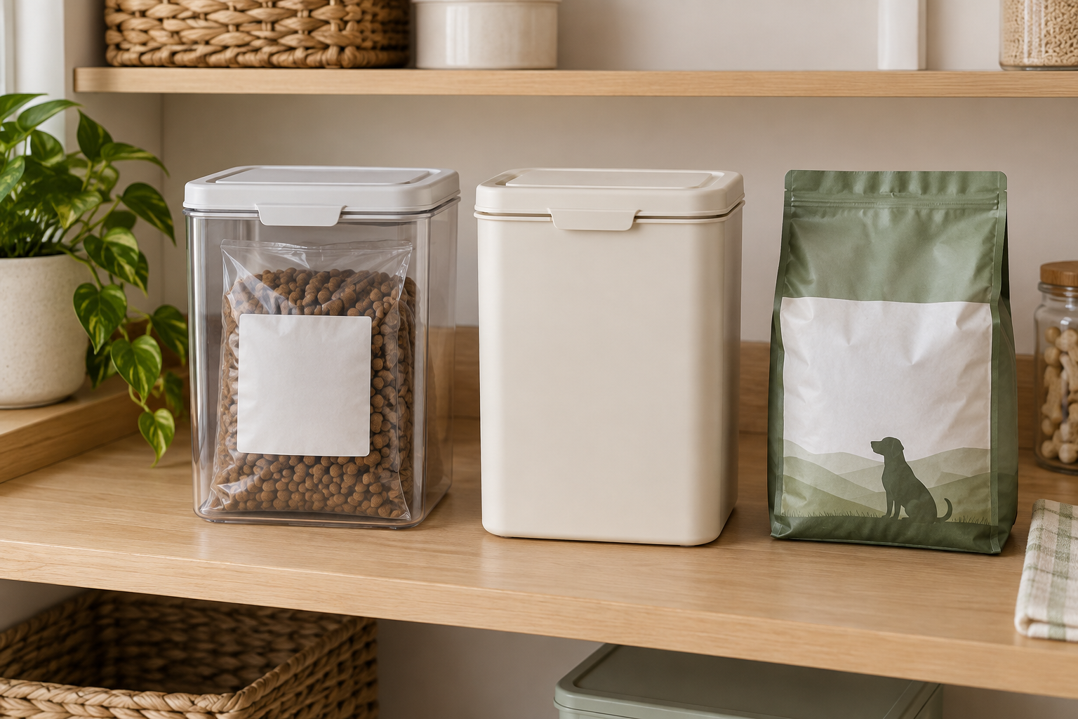 Clear container holding a sealed pet food bag beside an opaque lidded container and the retained original package on a pantry shelf