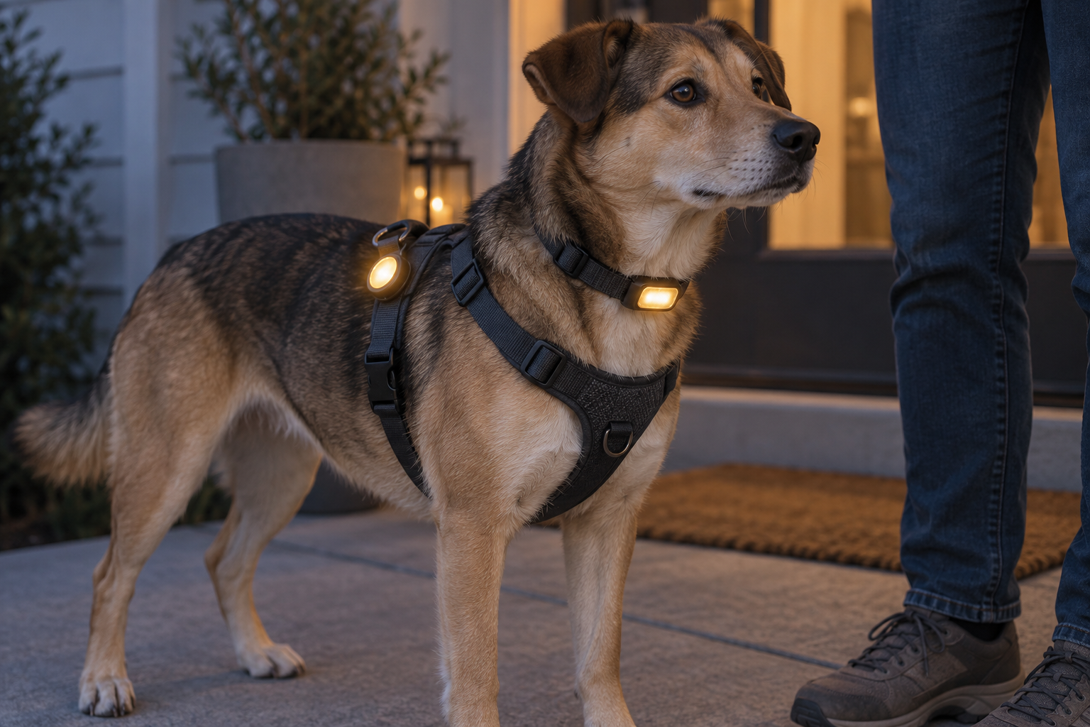 Dog wearing a compact rectangular collar light and a separate round visibility light clipped securely to the upper harness strap at dusk