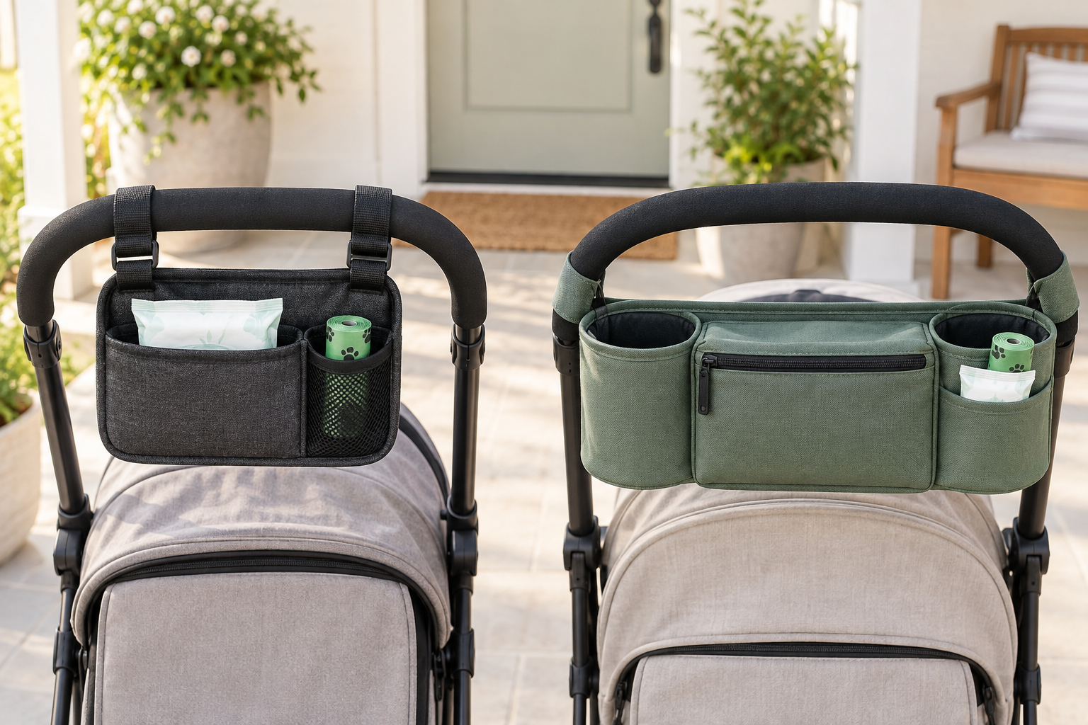 A compact charcoal clip-on pouch and a wider sage console organizer attached to separate pet stroller handles