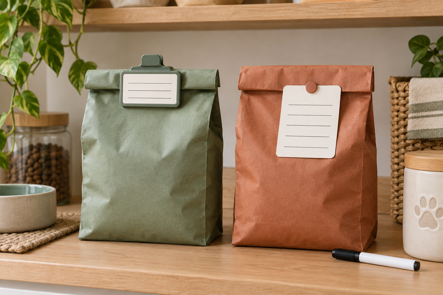 A sage clip-on label holder on one folded pet food bag beside a removable write-on card on a second bag