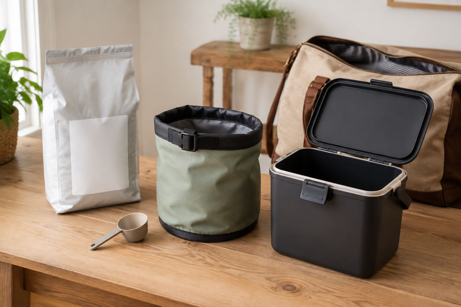 Soft roll-top and rigid lidded pet food travel containers shown beside a blank original food bag, scoop, and weekend tote