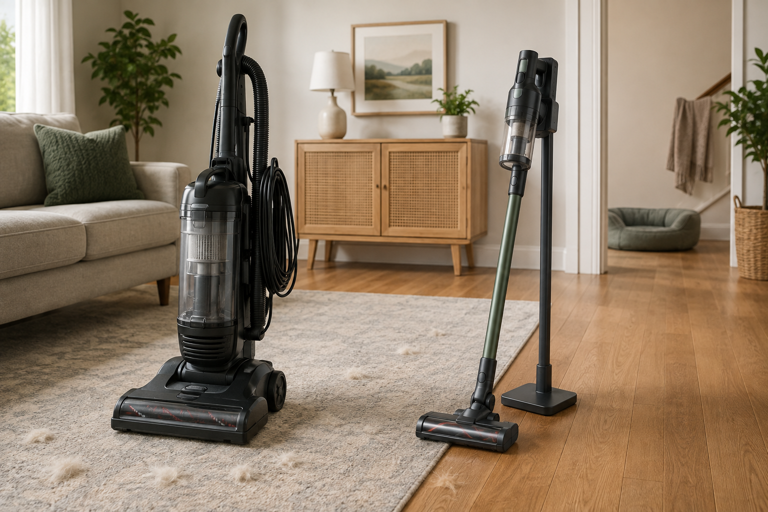 A full-size corded upright vacuum and slim cordless stick vacuum beside ordinary pet hair on a rug and adjoining hard floor