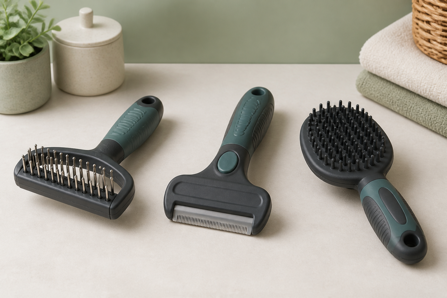 A generic rounded-pin undercoat rake, fine-tooth deshedding tool, and flexible rubber grooming brush arranged for comparison