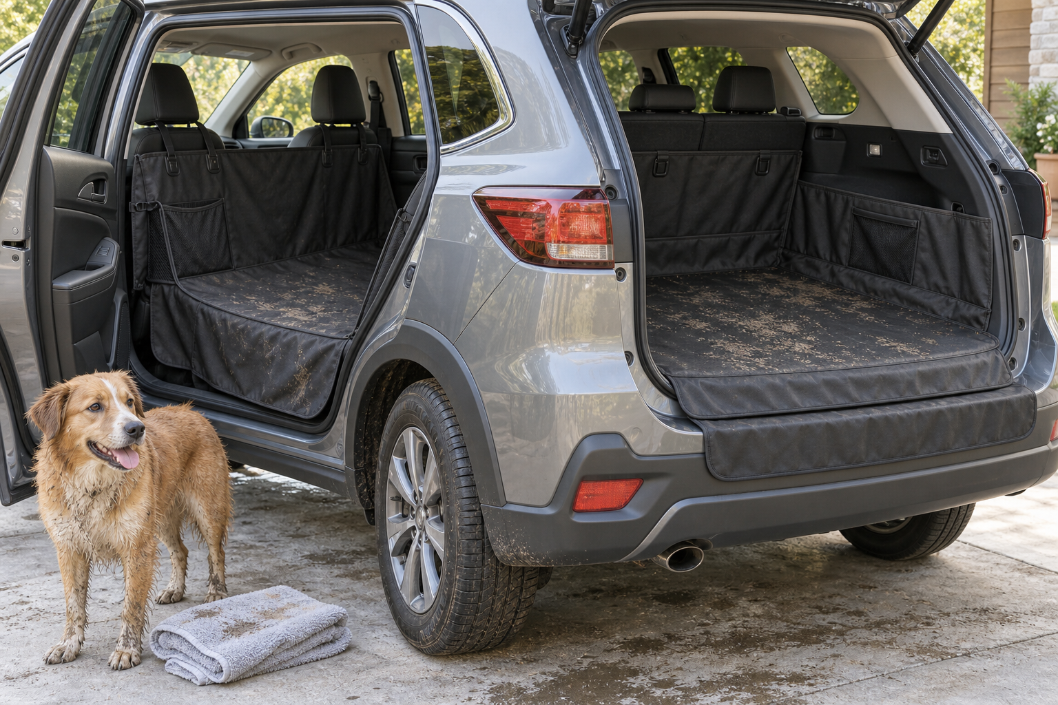 Open crossover showing a fitted rear-seat dog hammock and separate cargo liner after a muddy outing, with the dog standing safely outside