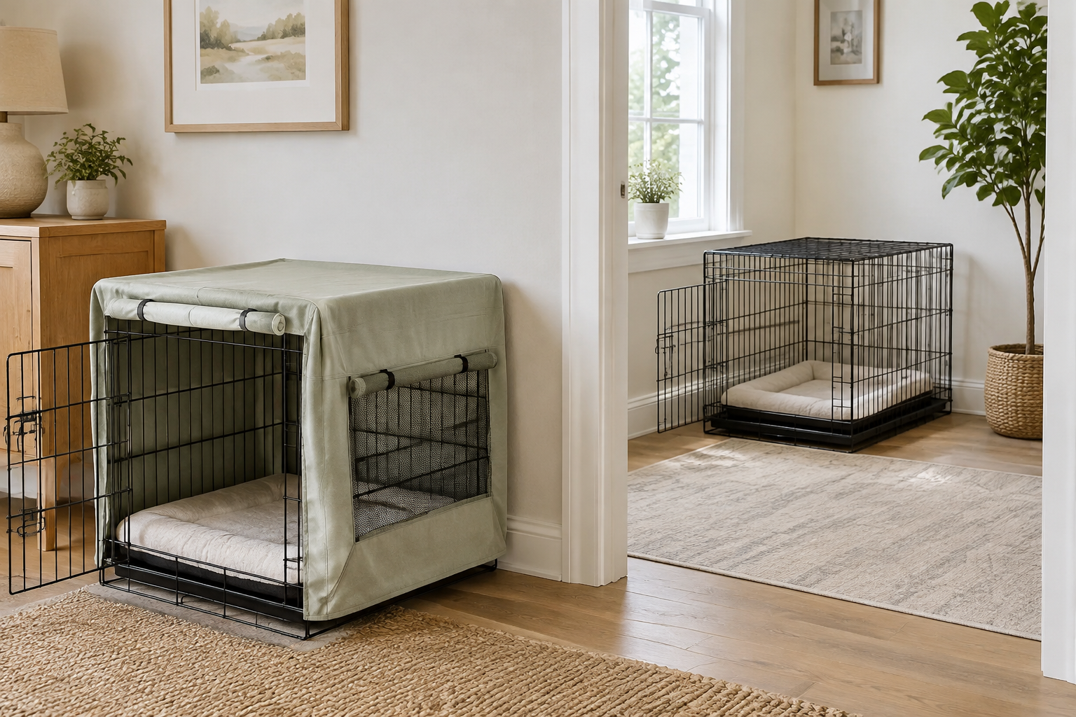 A fitted crate cover with open door and ventilation panel beside an uncovered crate in a calm low-traffic room