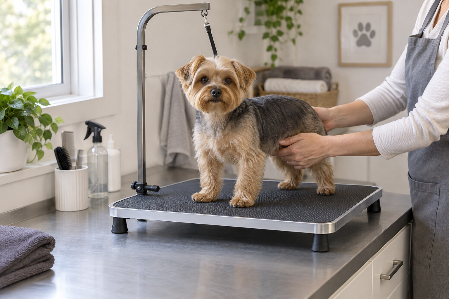Generic low-profile tabletop dog grooming platform on a broad sturdy utility counter
