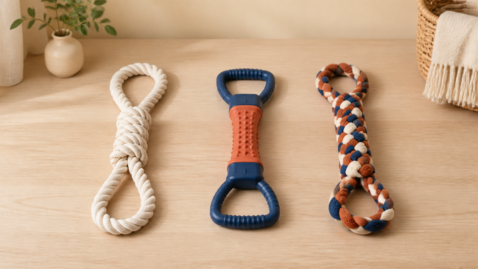 A double-loop cotton rope tug, a two-handle rubber tug, and a braided fleece tug arranged side by side to show handle separation