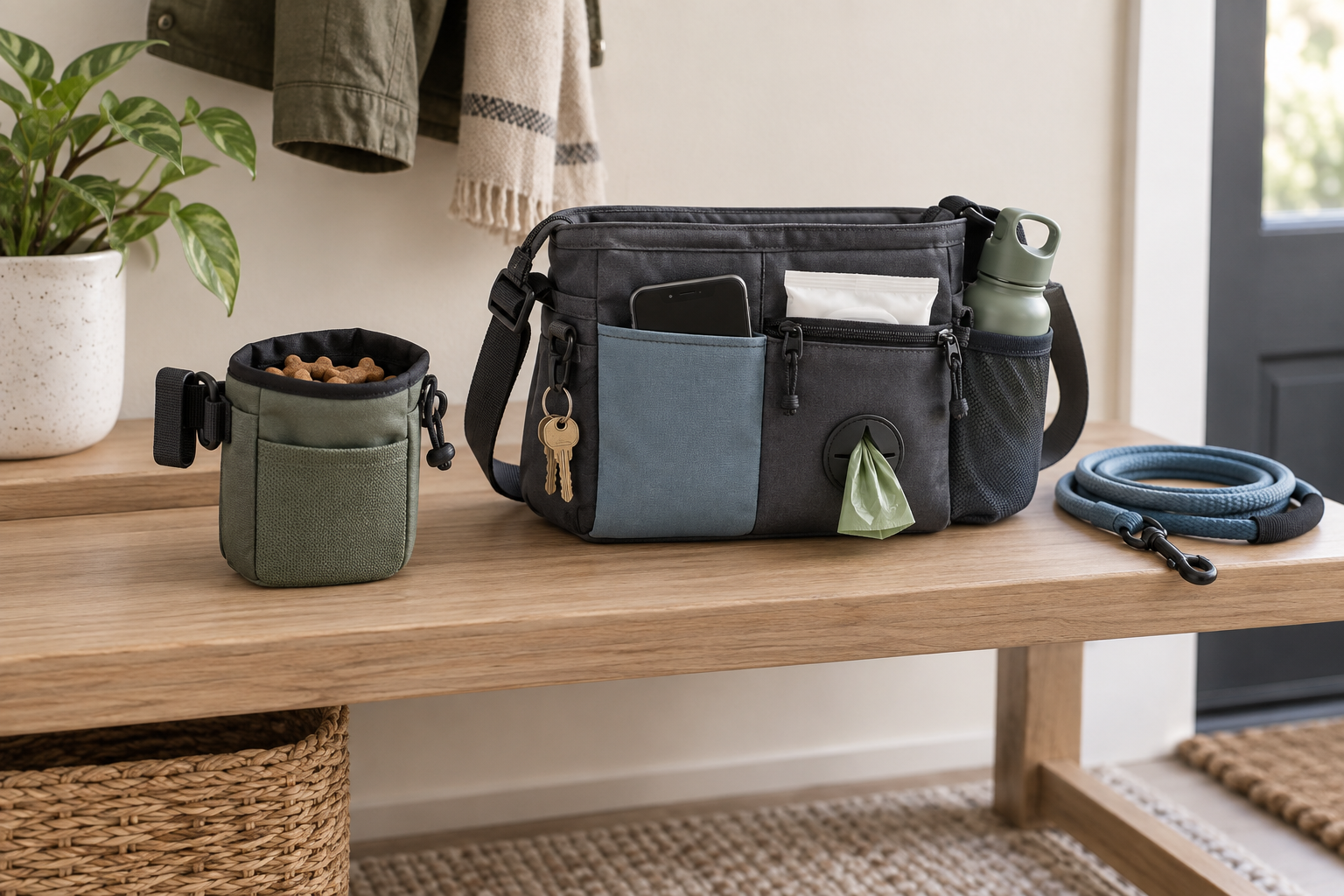 Small open dog treat pouch beside a larger crossbody dog walking bag with pockets for a phone, wipes, keys, waste bags, and water