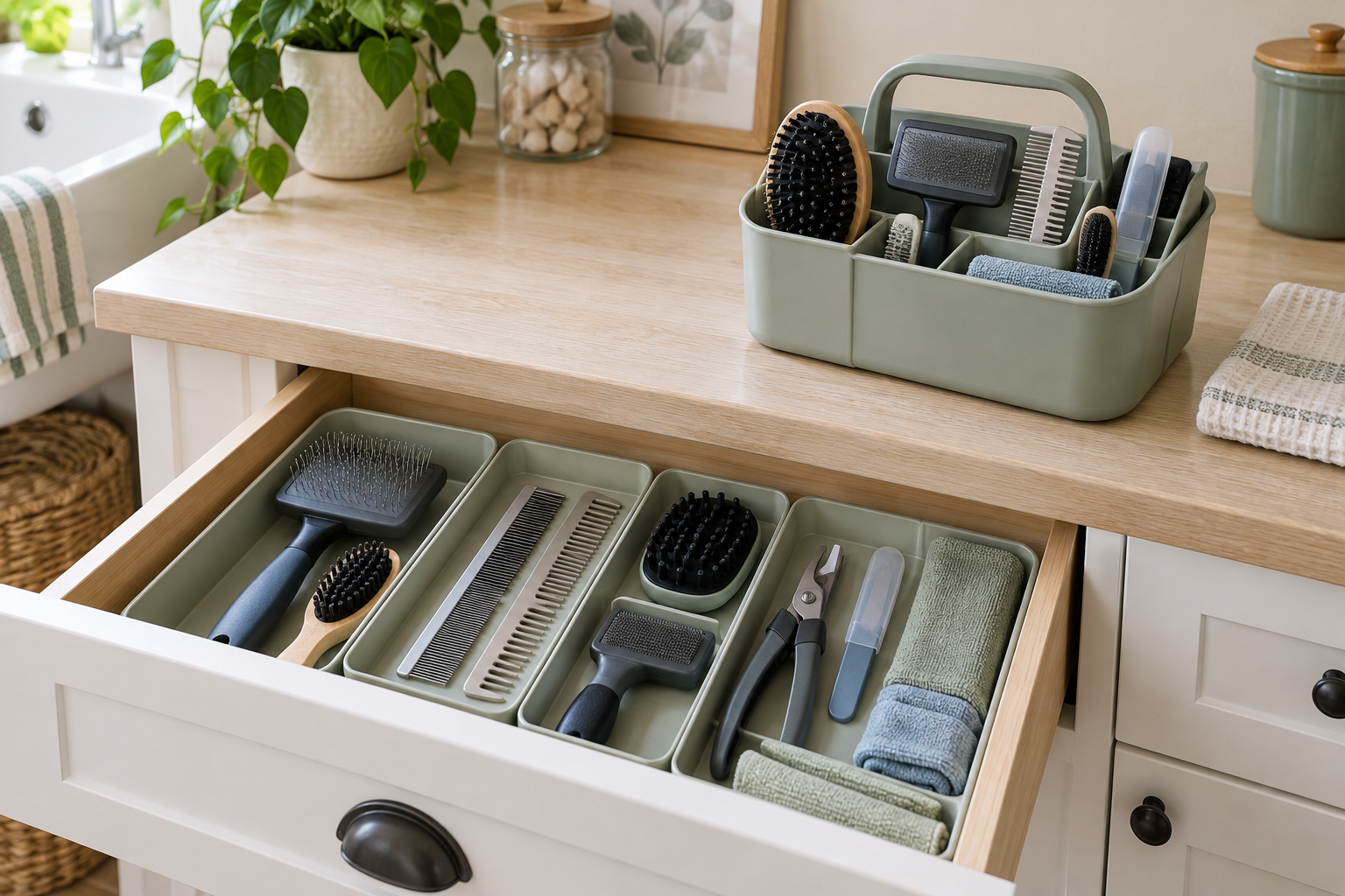 Open divided drawer organizer beside a handled countertop caddy, both holding dry routine pet brushes, combs, capped nail-care tools, and folded cloths