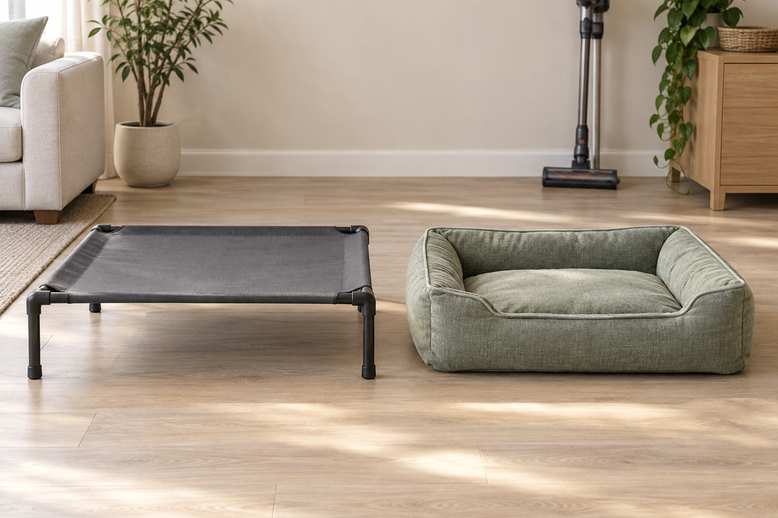 Charcoal elevated dog cot with visible cleaning clearance beside a sage washable floor-level dog bed on a hard floor