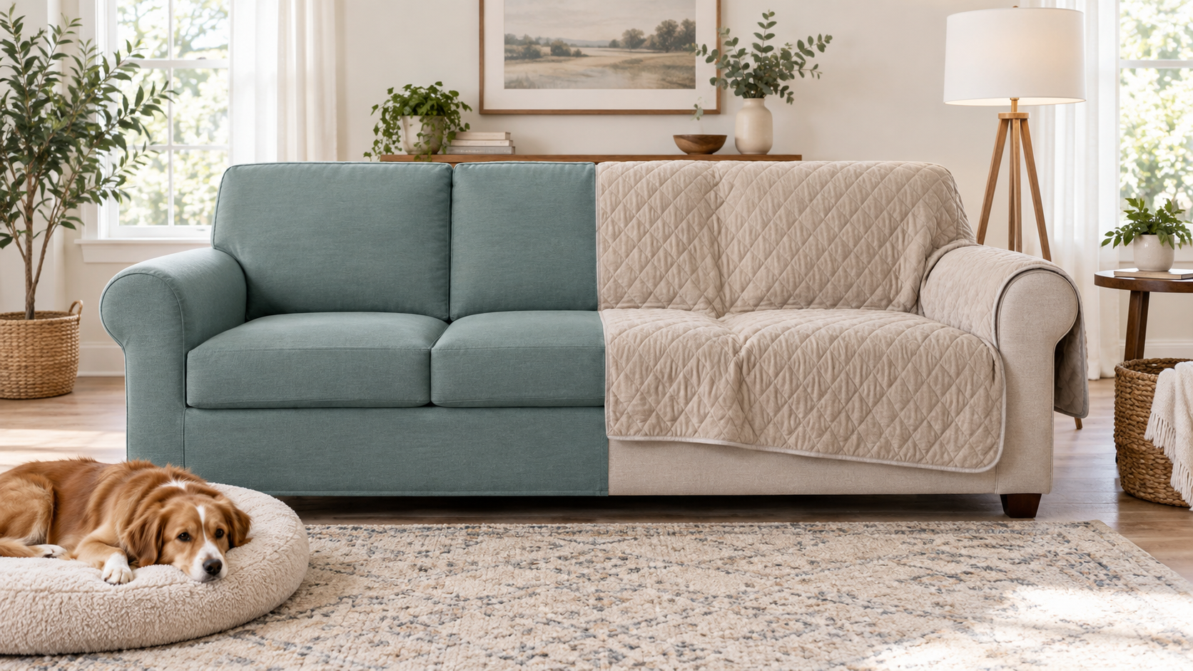 A pet-friendly sofa comparing a fitted teal cover with a loose beige quilted furniture throw while a dog rests nearby
