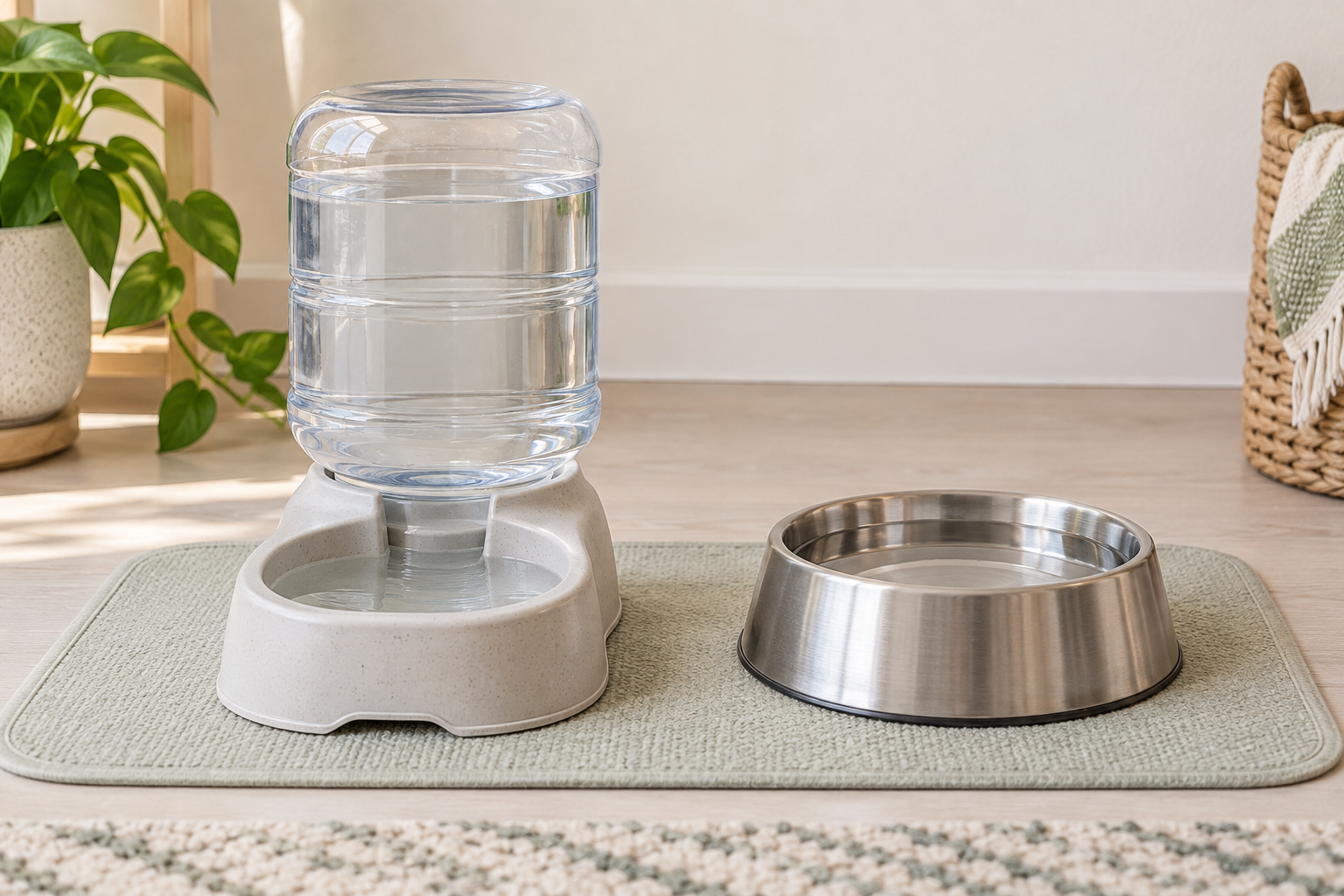 Clear gravity-fed pet water dispenser beside a wide stainless-steel water bowl on a pale washable feeding mat