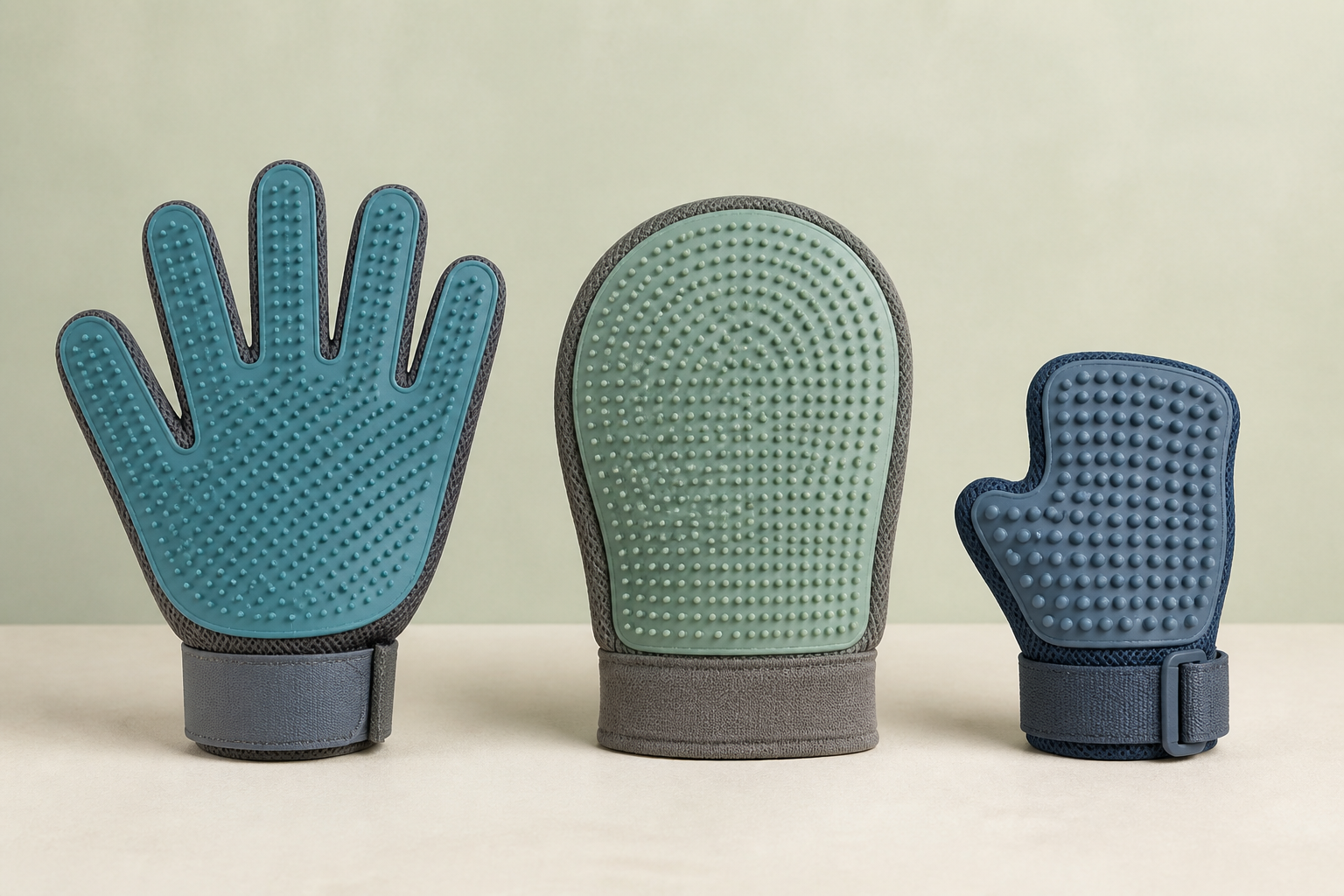 A five-finger silicone-nub grooming glove, broad grooming mitt, and compact adjustable-cuff glove arranged for comparison