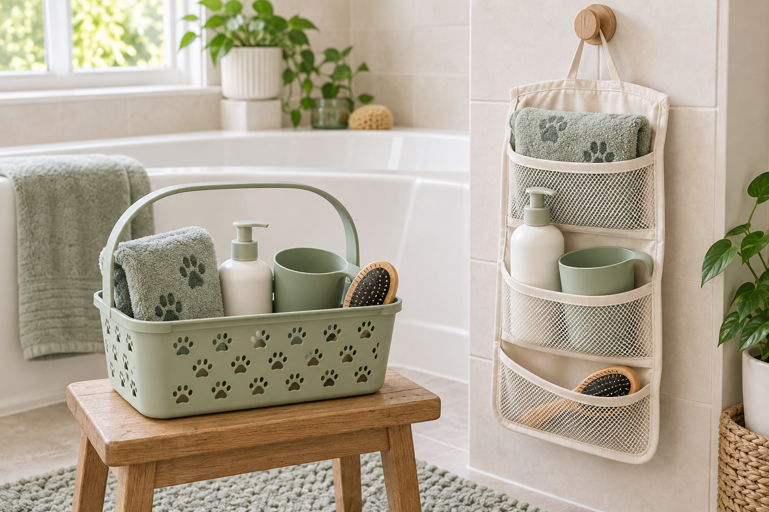 A sage handled basket holding a towel, rinse cup, plain bottle, and brush beside a cream hanging pocket organizer with similar pet bath supplies