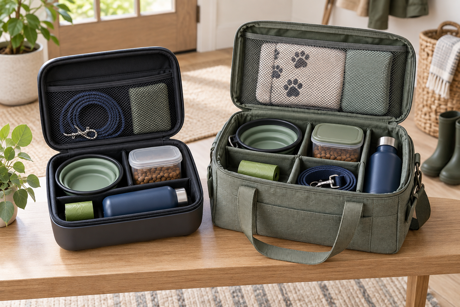Open rigid hard-shell pet travel supply case beside an open structured fabric case, both holding bowls, sealed food containers, towels, waste bags, water bottles, and leashes