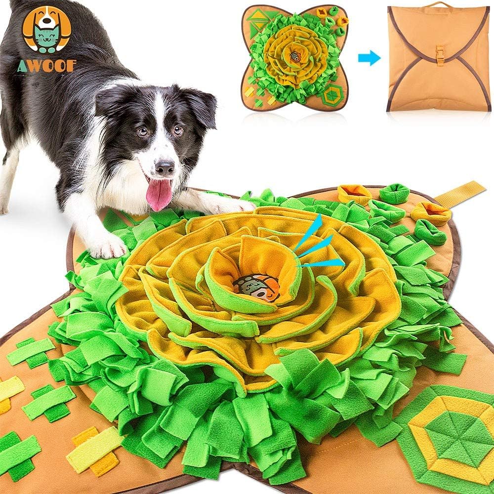 Round AWOOF fabric snuffle mat with layered food-search areas for supervised dog enrichment