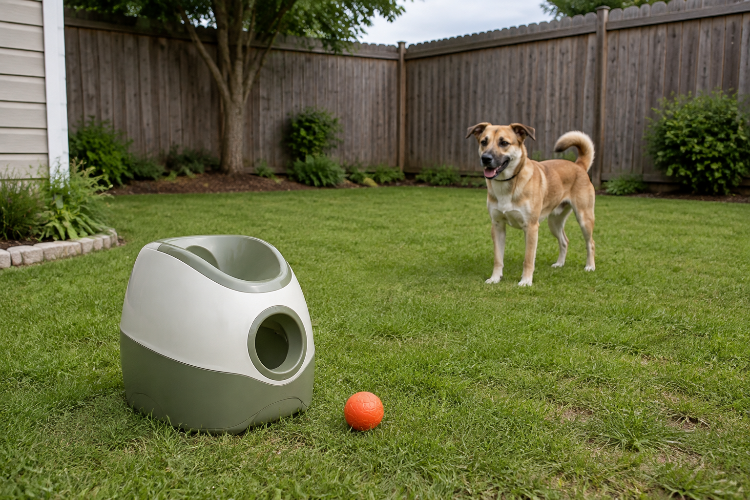 A generic automatic dog ball launcher and medium orange ball set on grass with an attentive dog several feet away in a fenced yard