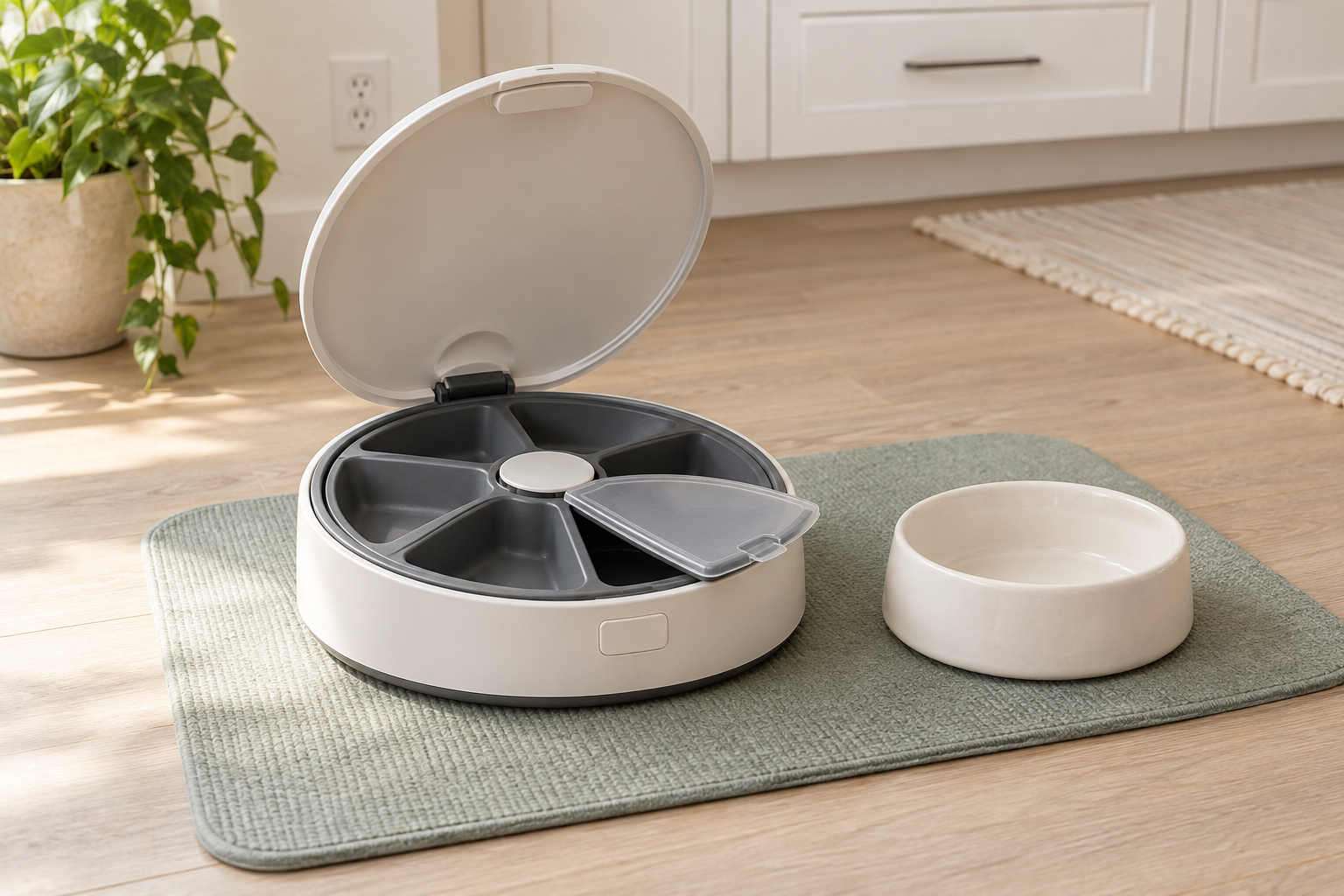 Unbranded rotating automatic wet-food feeder with empty compartments beside a simple ceramic bowl on a washable mat