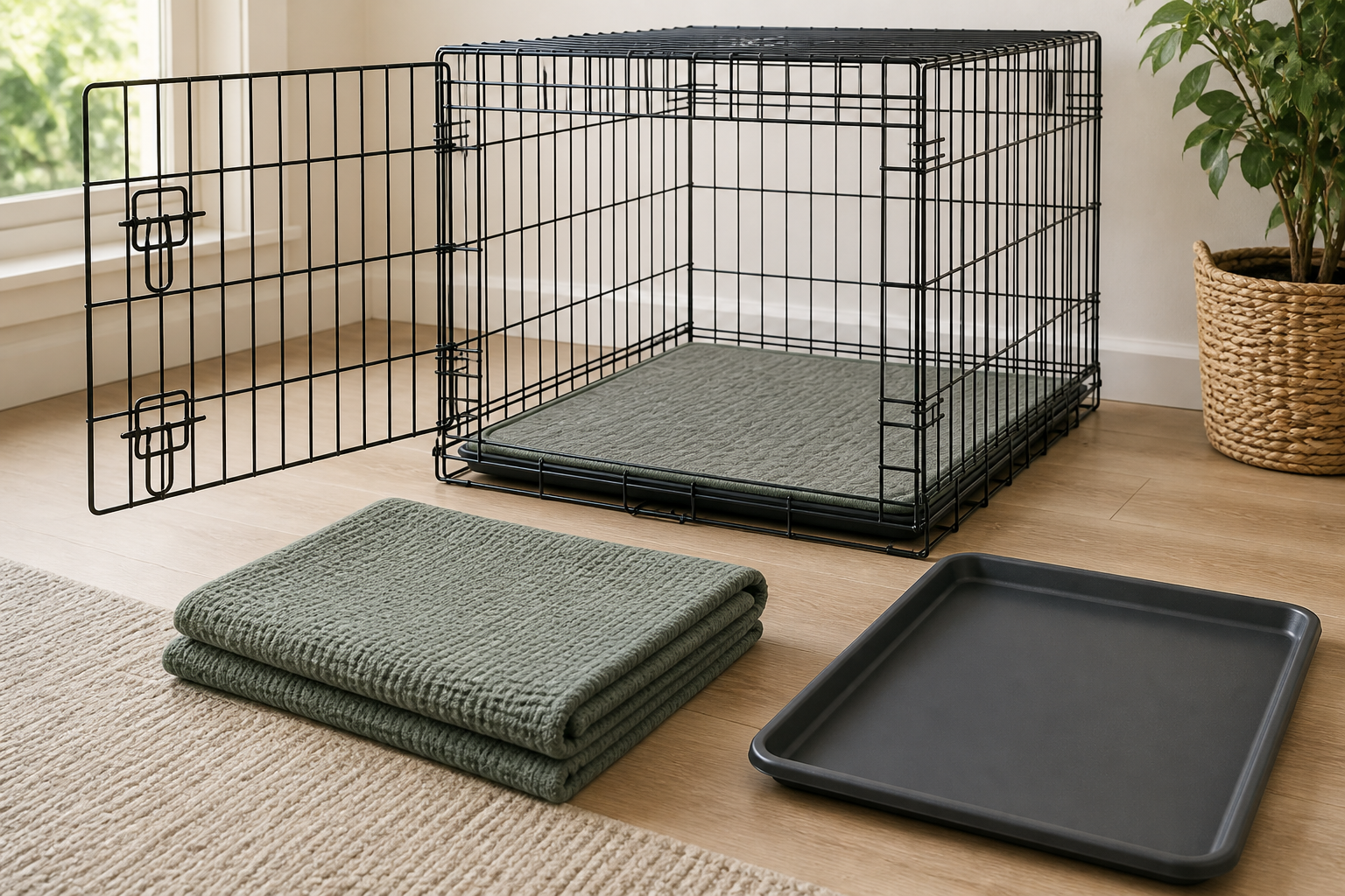 Open wire crate with a fitted sage low-profile mat beside a folded washable blanket and bare removable tray for comparing crate-floor options