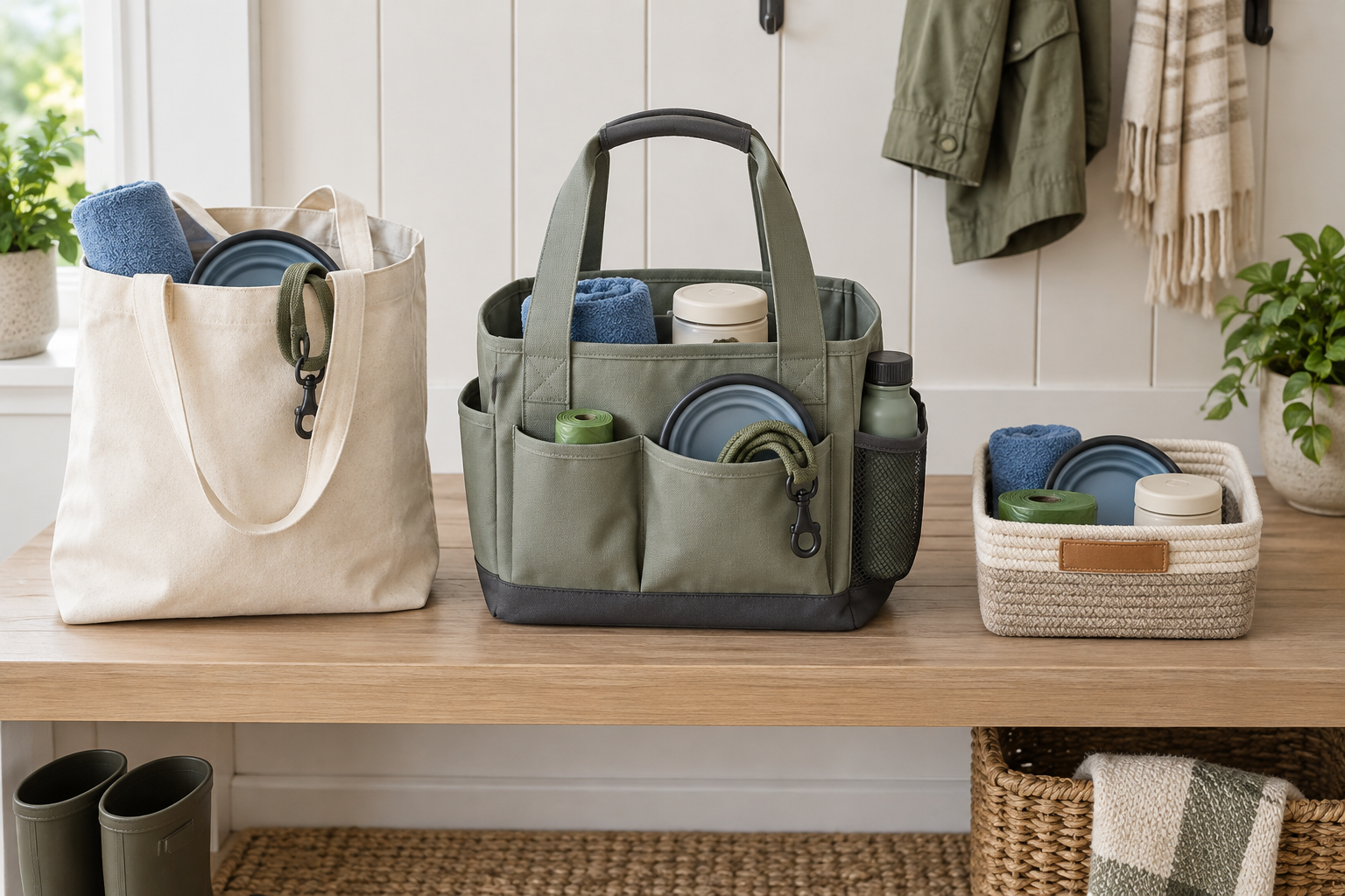 Structured dedicated pet gear tote holding a towel, collapsible bowl, leash, waste bags, and sealed container beside a reusable canvas tote and fixed shelf basket