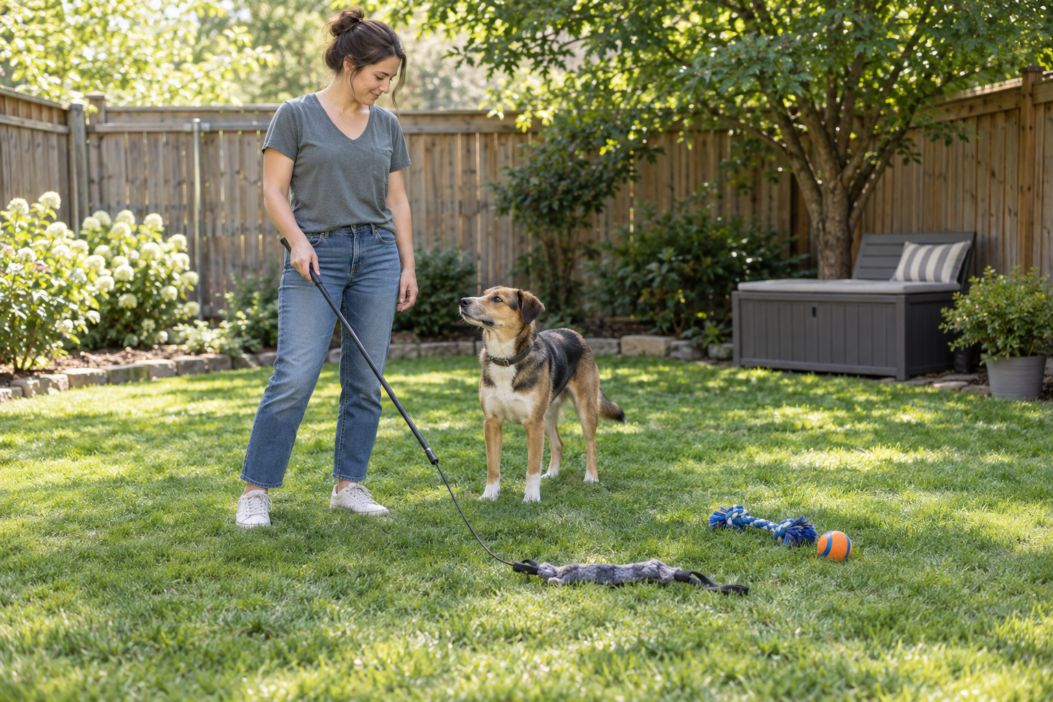 Dog owner holding a lowered inactive flirt pole beside a calm dog in a clear fenced yard, with a ball and tug toy nearby as alternatives