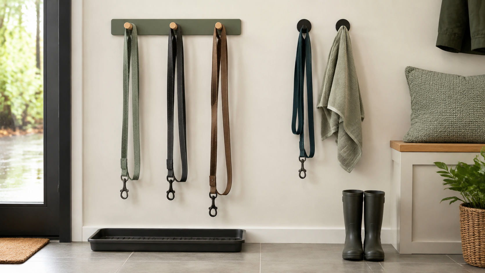 Three dog leashes hanging separately on a wall rack beside an ordinary hook and towel above an entryway drip tray