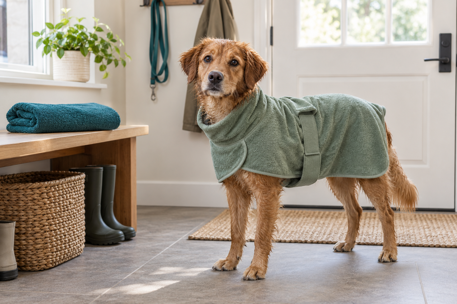 Wet medium-sized dog wearing a sage wrap-style towel robe beside a folded teal microfiber towel in a bright entryway