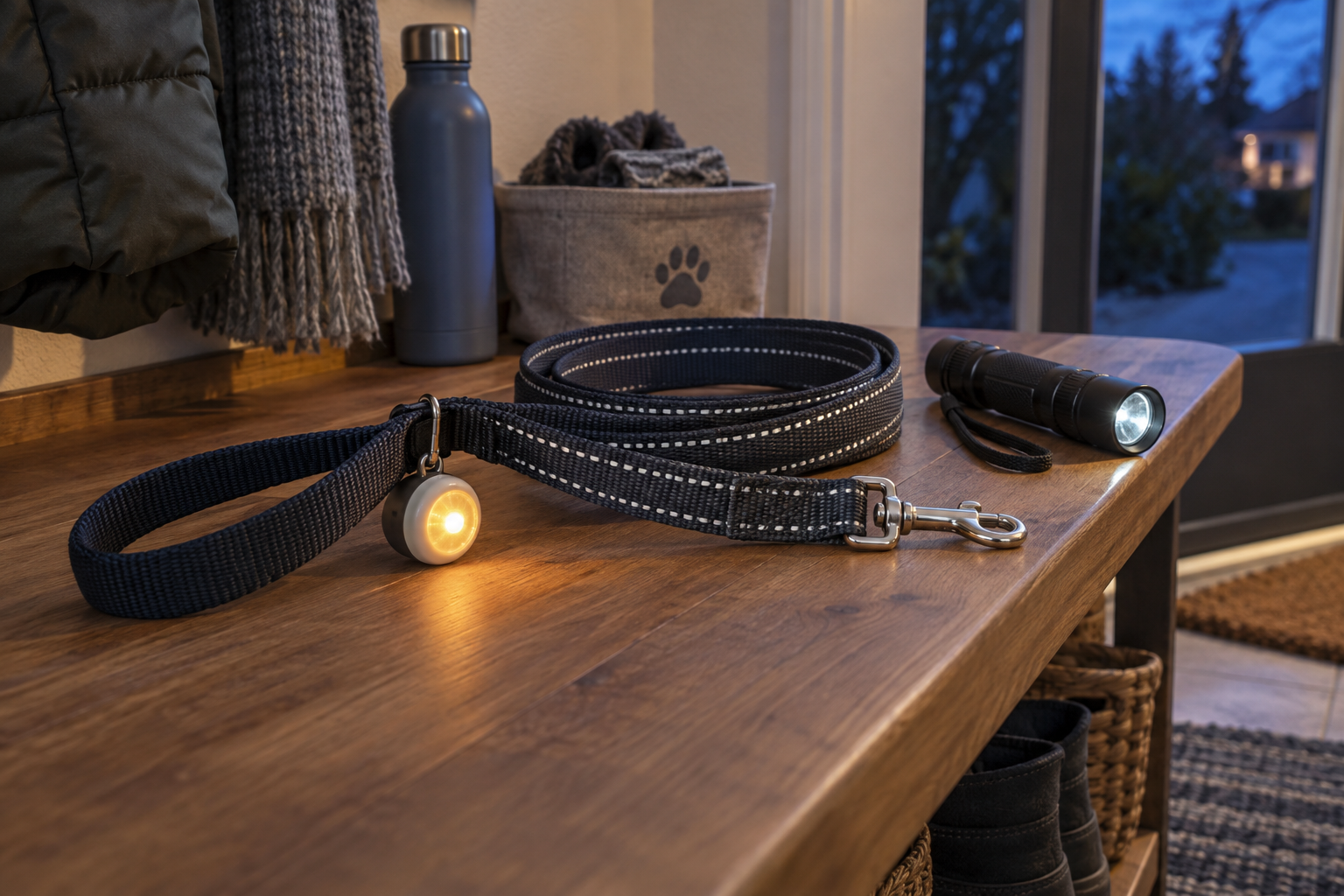 Unbranded clip-on dog visibility light attached to a reflective leash beside an owner-carried flashlight in an entryway at dusk