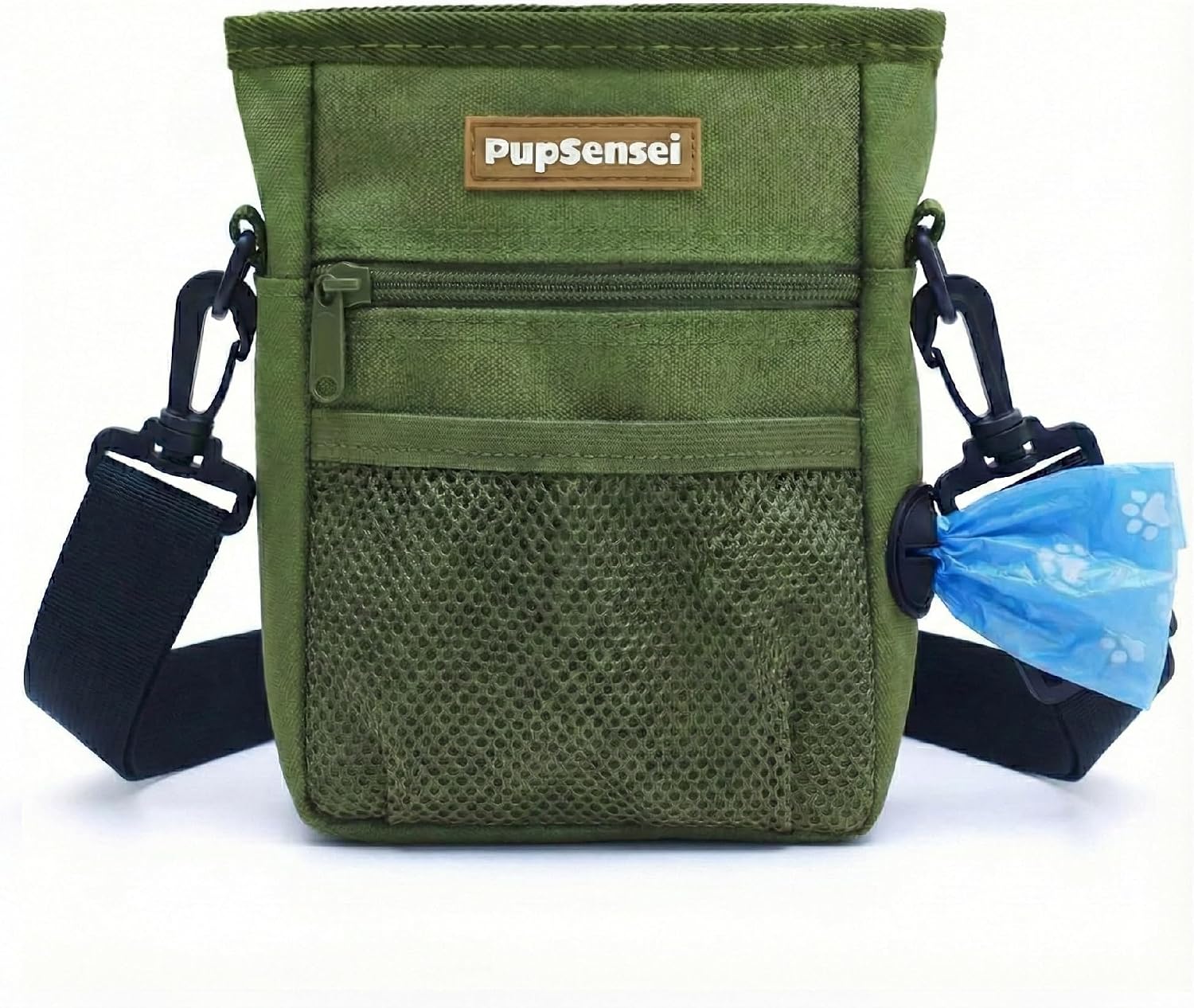 Dog walking waist pack with divided storage, waste-bag access, and bottle pockets shown for a fit and capacity check