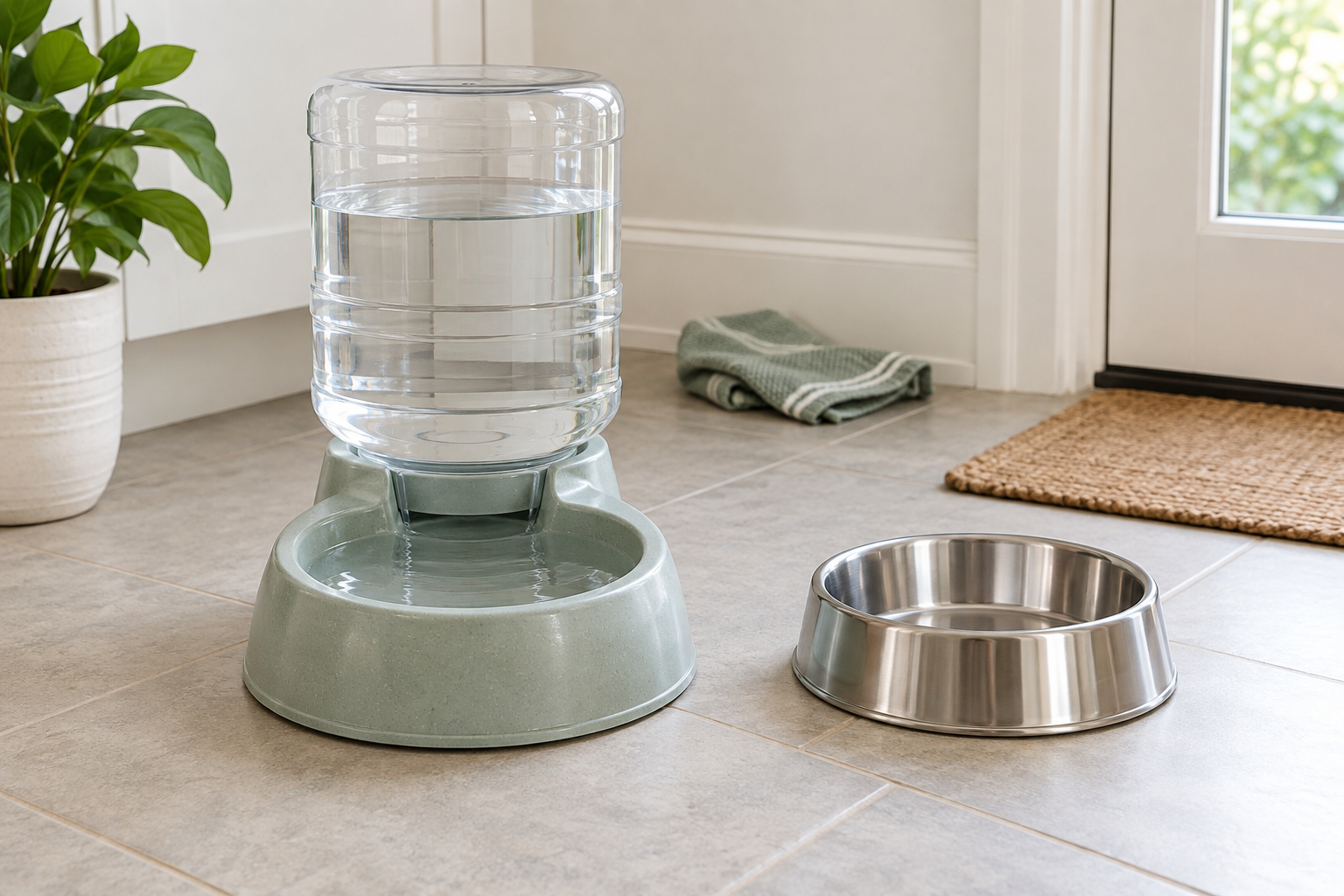 Clear gravity-fed pet water reservoir with a wide basin beside a simple stainless-steel water bowl on pale tile