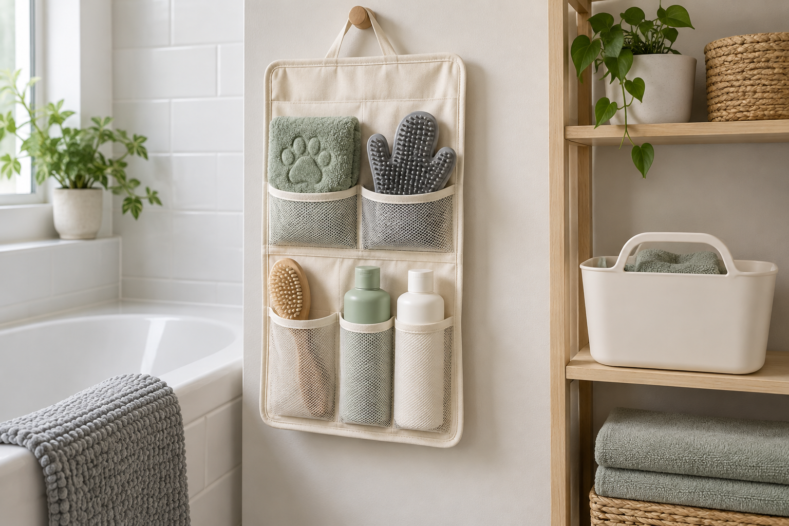 Cream hanging organizer holding a folded pet towel, grooming mitt, brush, and closed unbranded bottles beside a small handled basket in a bright bathroom