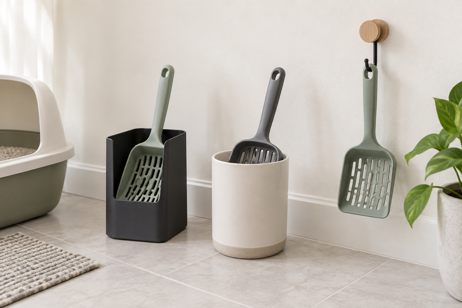 Dedicated freestanding litter scoop caddy, repurposed washable container, and wall hook compared beside a clean litter box