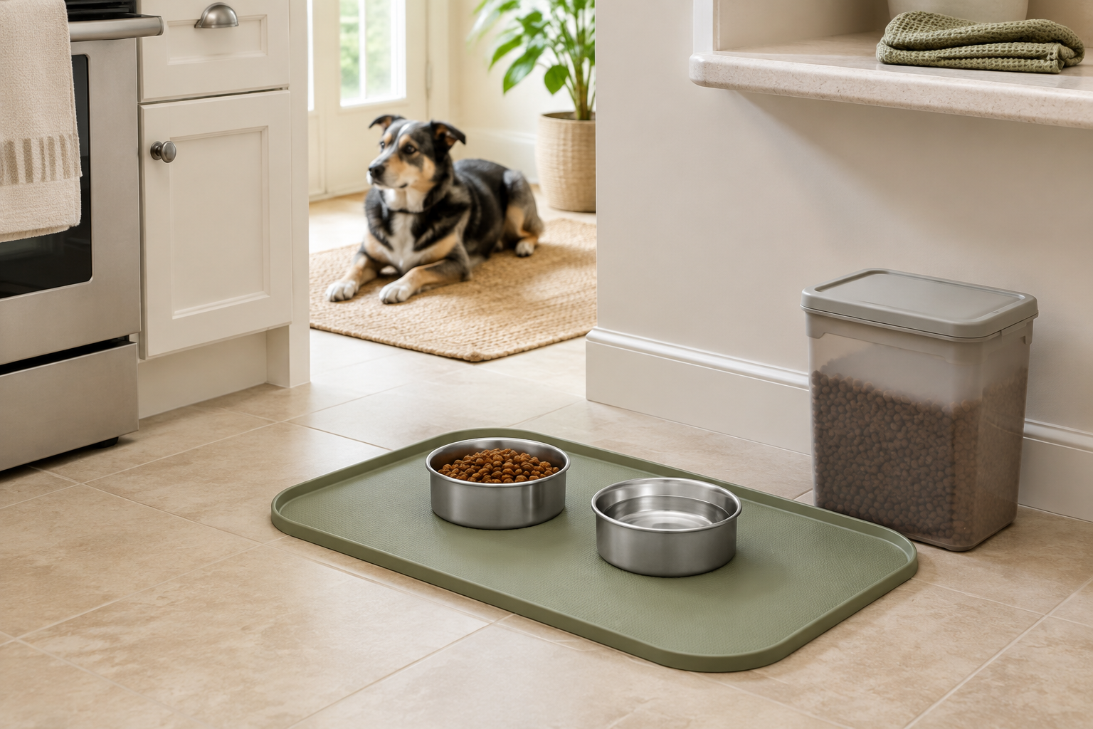 Two stainless-steel pet bowls fully contained on a washable raised-edge mat beside closed food storage in a small kitchen