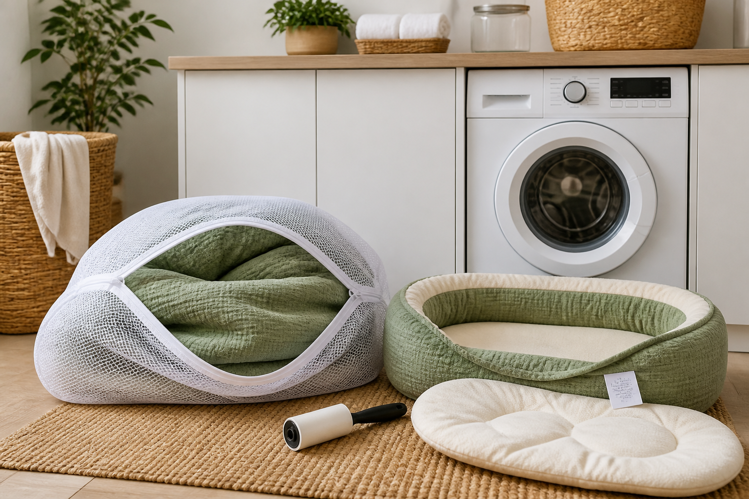 Large white mesh wash bag holding a sage removable pet-bed cover beside the bed insert and a closed front-loading washer