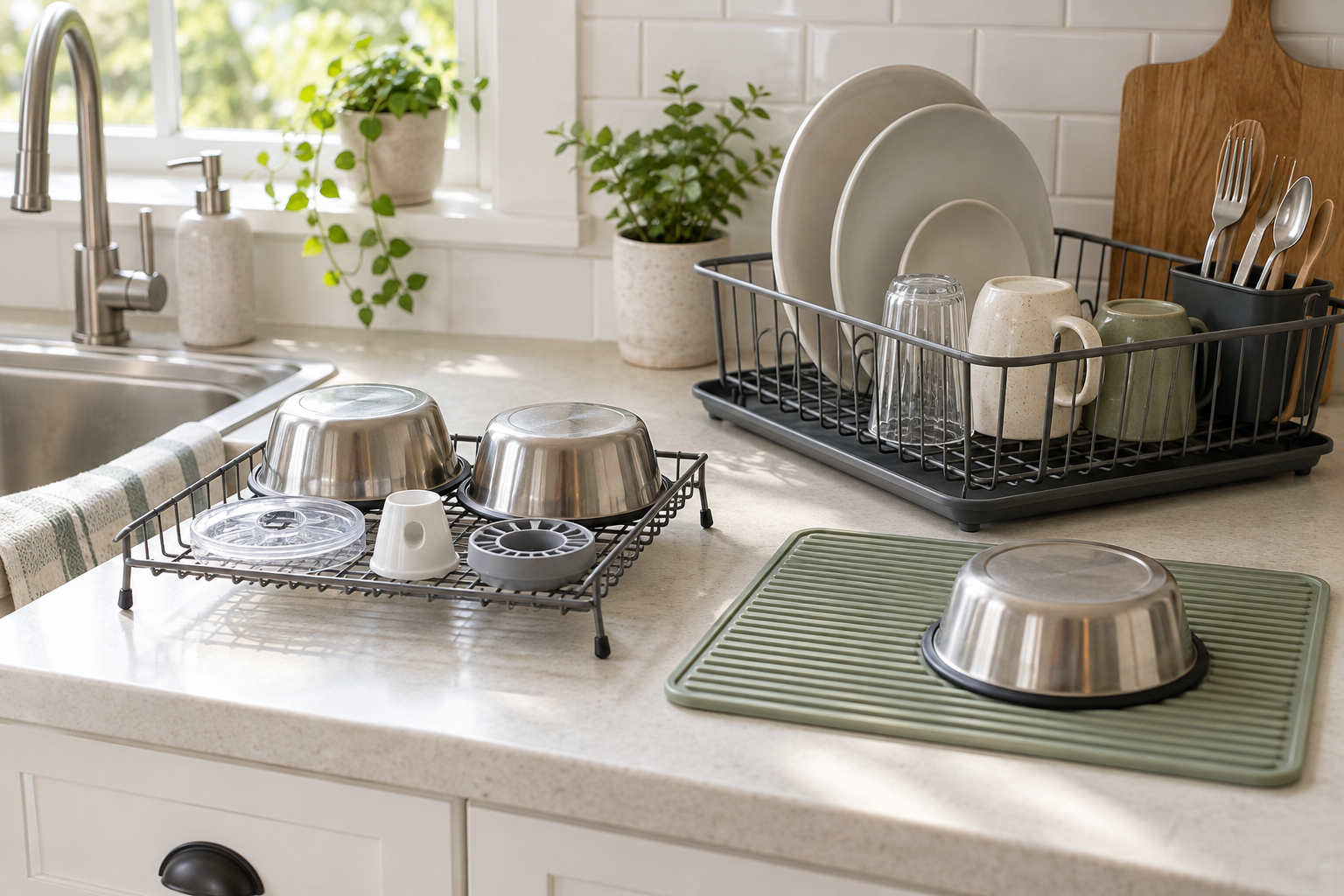 Compact wire rack holding two washed pet bowls and fountain parts beside a household dish rack and ribbed drying mat