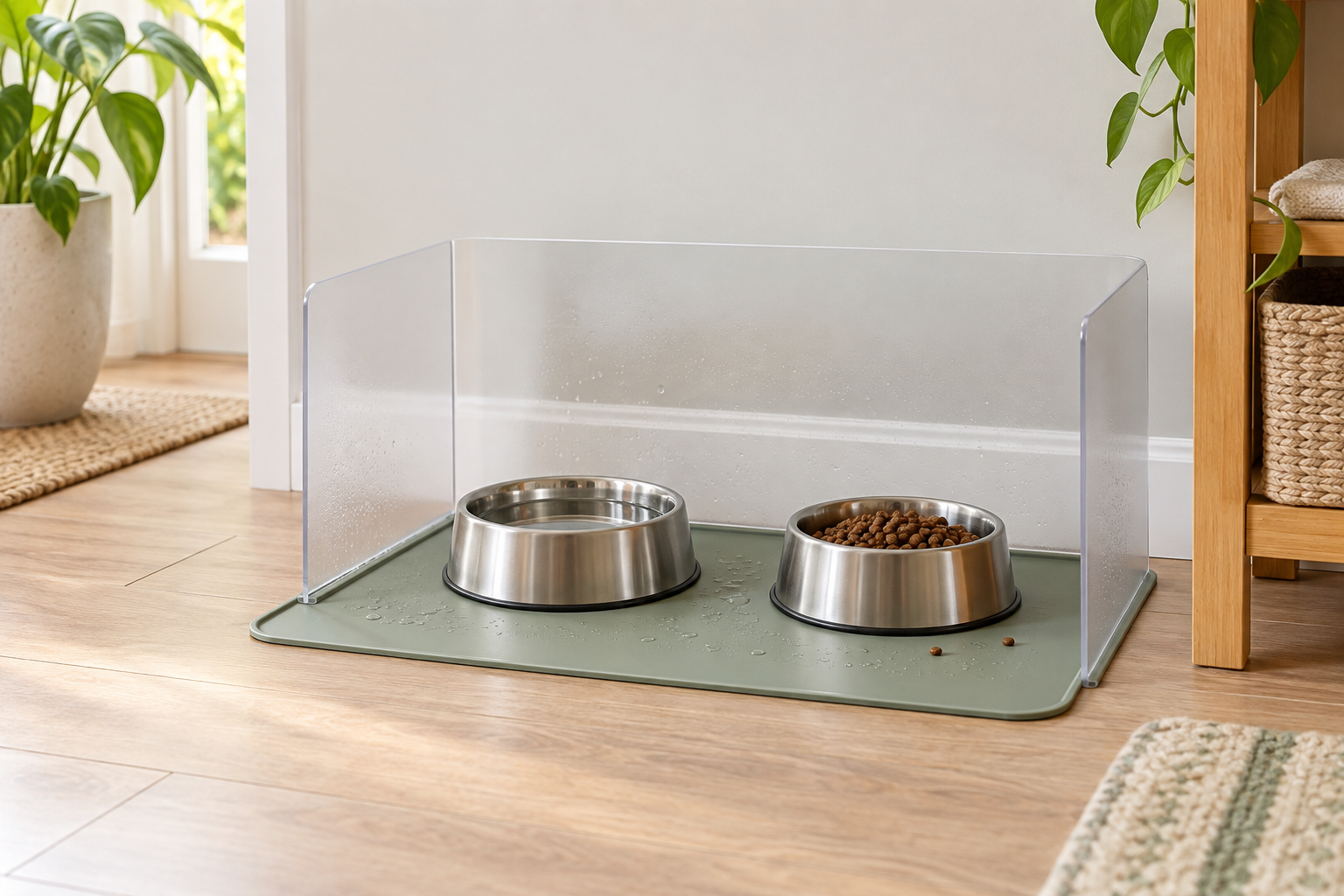 Clear three-sided pet bowl splash guard around water and food bowls on a pale green feeding mat