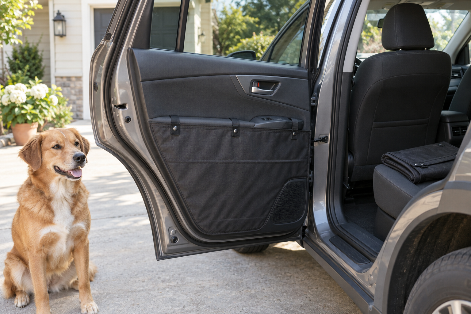 Removable black fabric protector fitted over the lower rear car door panel while leaving the handle, window, switch, latch, and speaker clear, with a calm dog outside