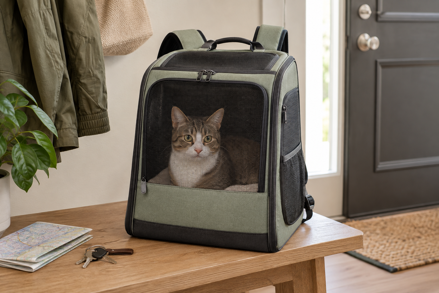 Structured sage pet carrier backpack resting upright on an entryway bench with a small cat visible through the broad mesh front