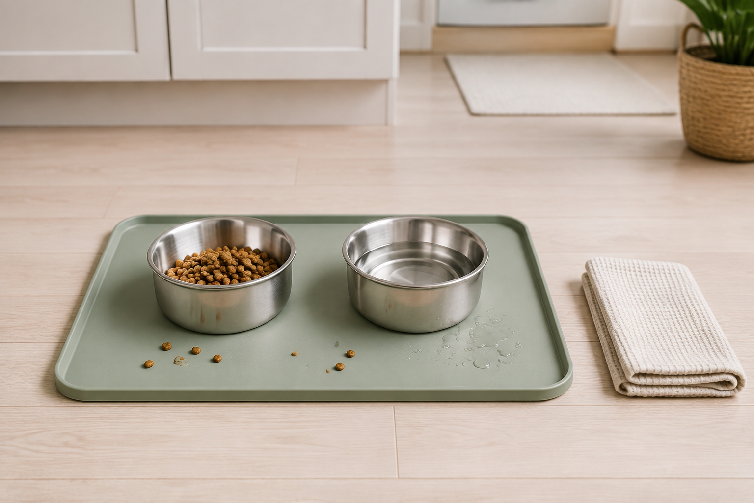 Two stainless-steel pet bowls with crumbs and a small water splash contained on a sage raised-edge feeding mat beside a folded washable towel