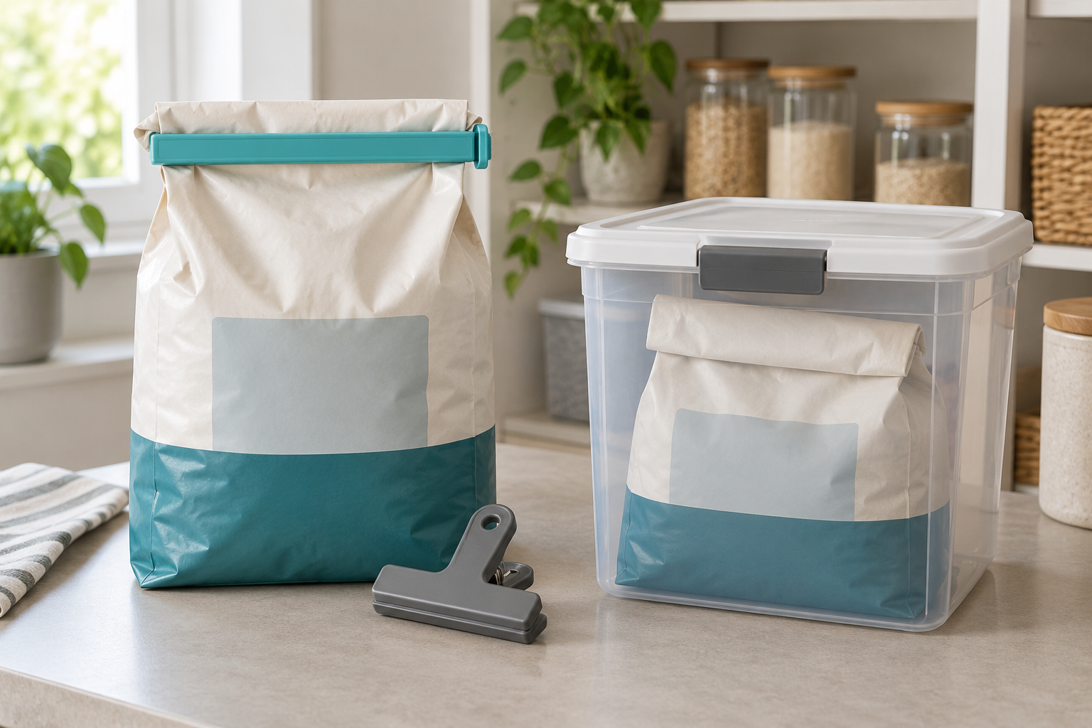 Large original pet-food bag closed with a wide sliding clip beside a household spring clip and a second original bag stored inside a lidded outer bin