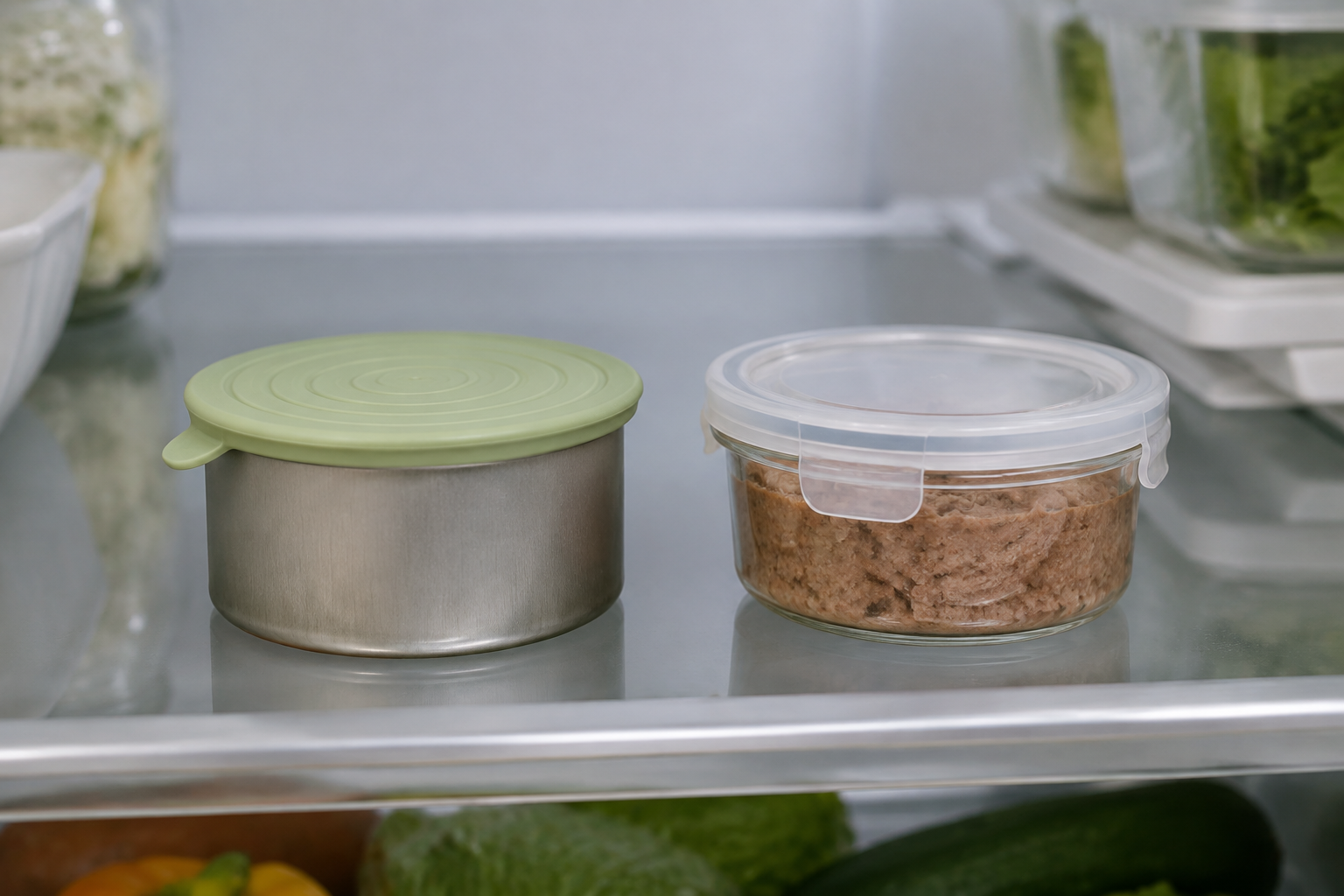 A metal pet food can with a sage reusable cover beside pet food transferred into a clear lidded glass container on a refrigerator shelf