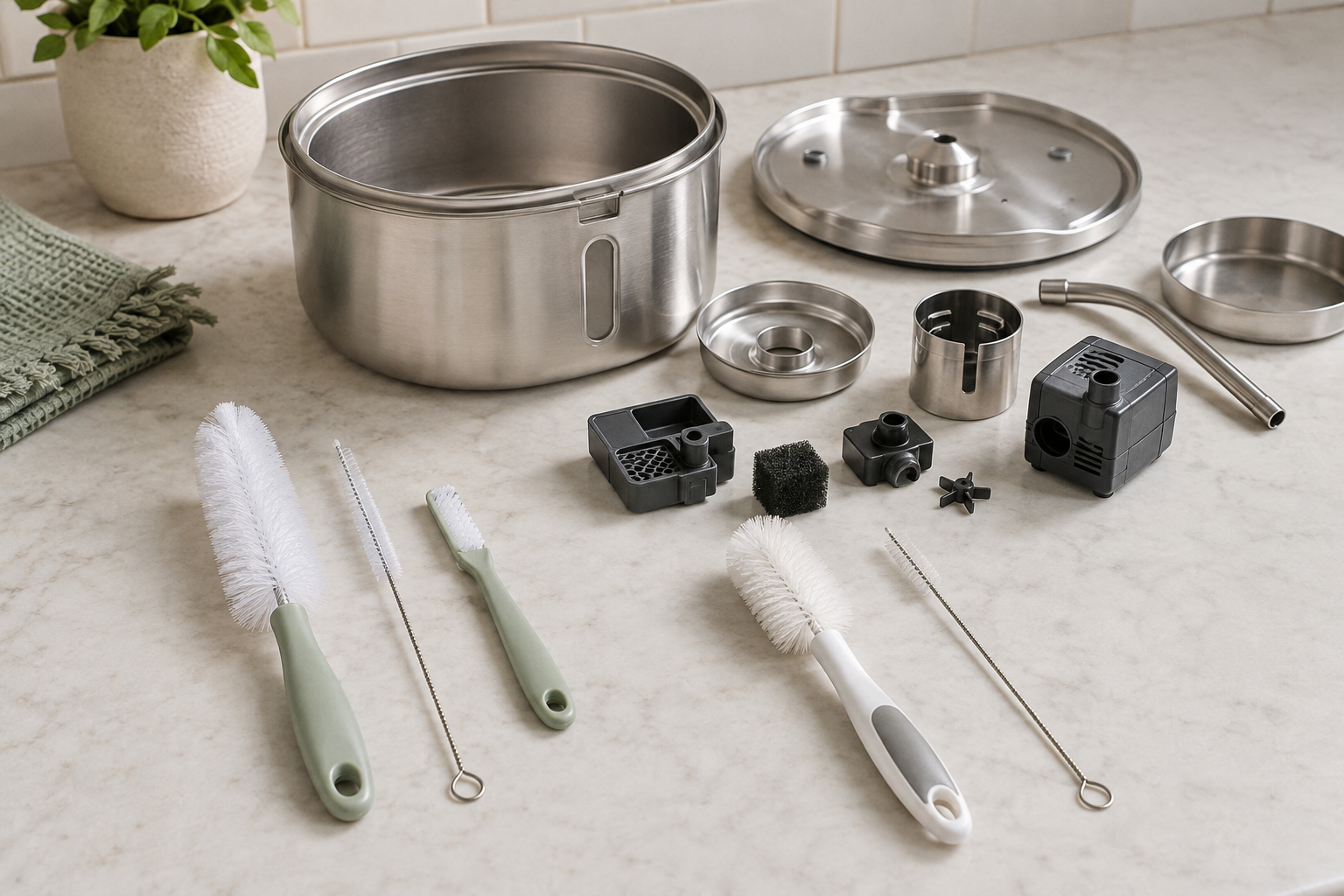 Dedicated tube, bottle, and detail brushes compared with ordinary brushes beside a disassembled clean stainless-steel pet fountain