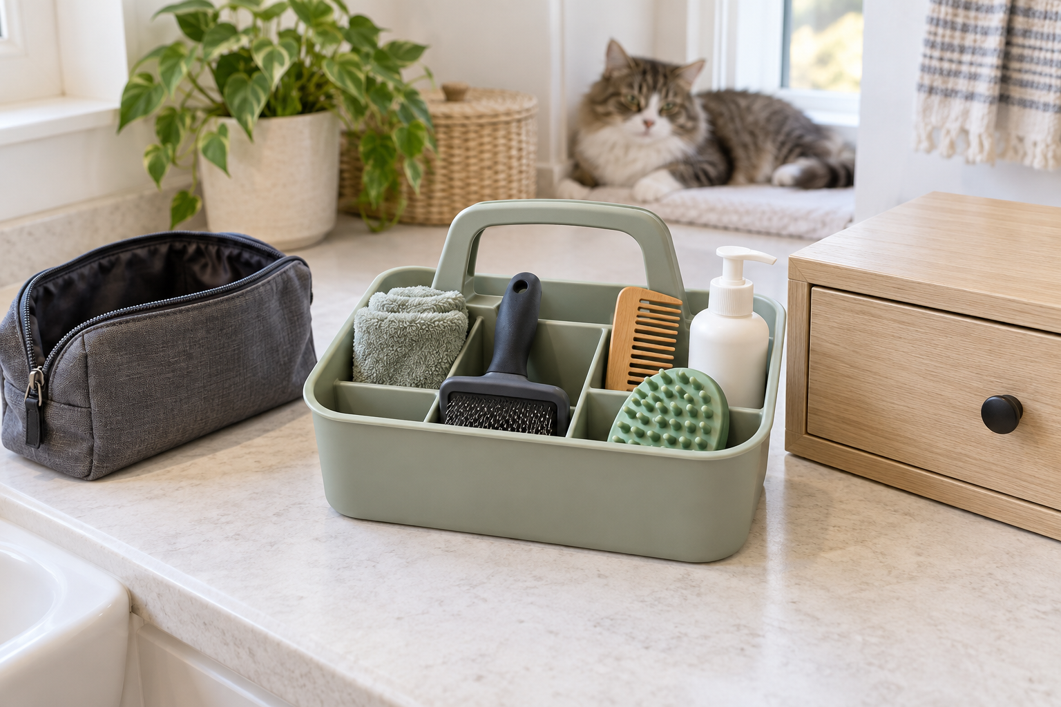 Open divided pet grooming caddy with brushes and a towel beside a zippered pouch and closed drawer storage