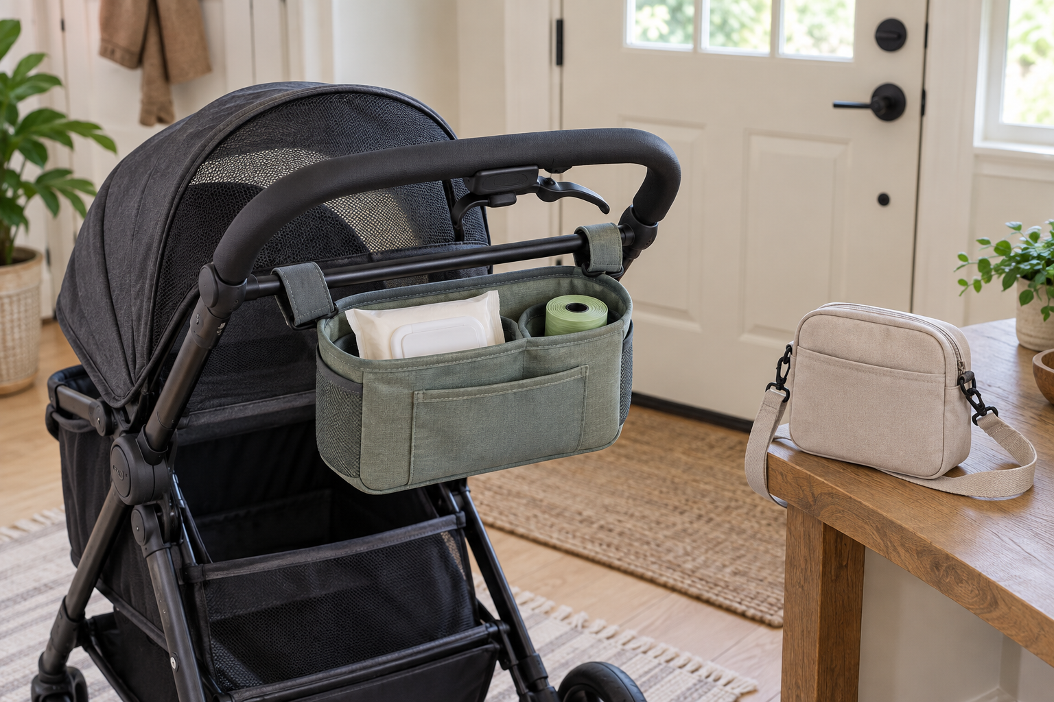 Sage organizer holding wipes and waste bags below an unobstructed pet stroller handle, with a small zipped crossbody pouch as an alternative