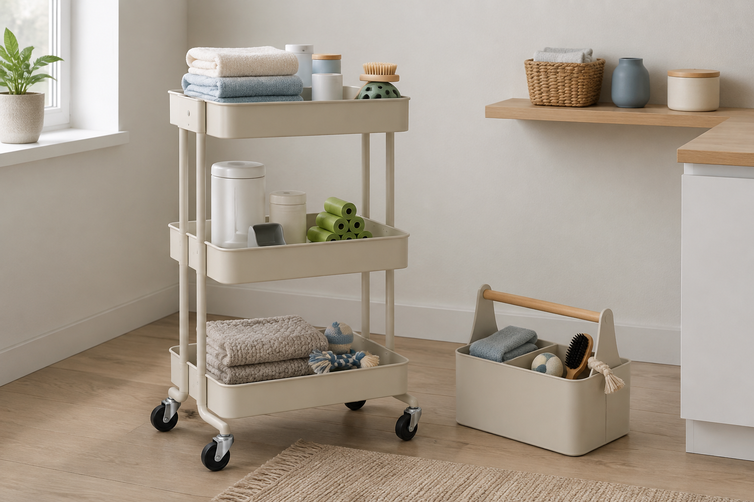 Three-tier rolling cart holding towels, waste bags, grooming tools, and toys beside a handled caddy and fixed shelf in a compact room