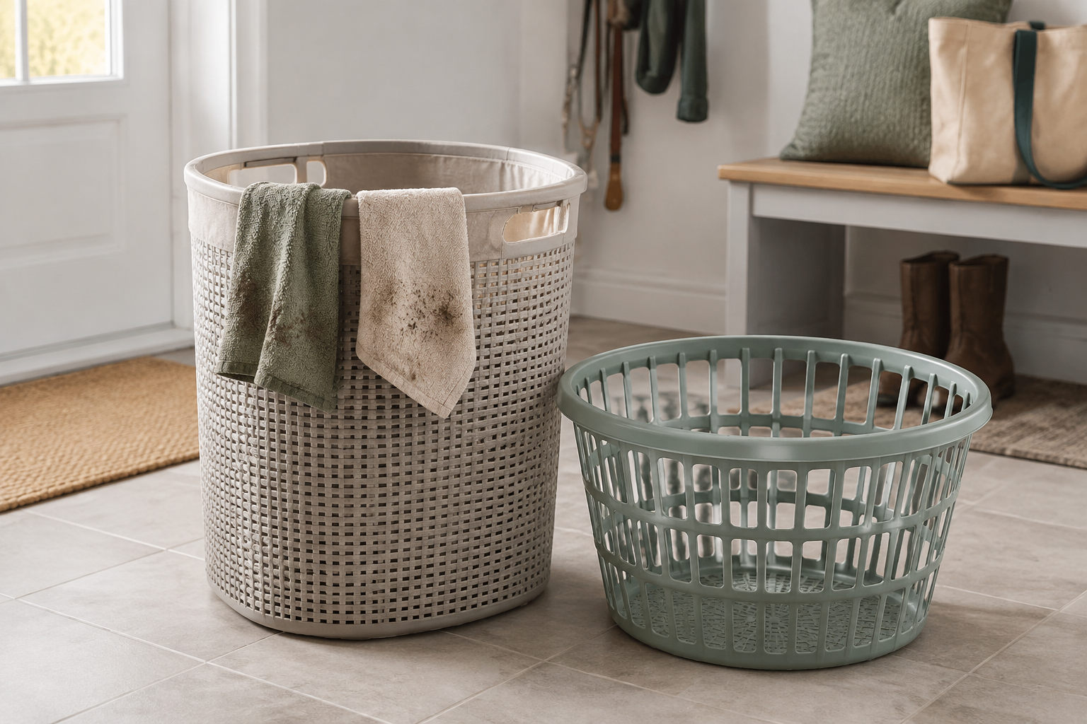 Ventilated lined hamper with two dog towels airing over its rim beside a plain open laundry basket in an entryway